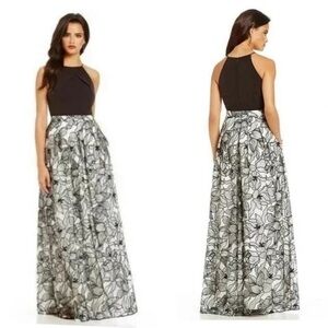 Aidan Mattox Black & White Lace Floral Embellished Maxi Evening Gown